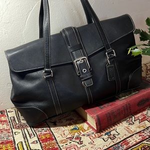 Coach black leather handbag.  Classic. 14”w, 9” tall, 5” deep.